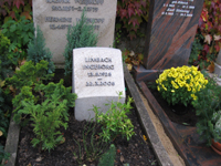 Urnengrabstein passend zu vorhandenen 46 Jahre alten Grabstein. Material: Krensheimer Muschelkalk - Kernstein, Oberfl�che scharriert, gew�lbt und mit Stichbogen bearbeitet. Buchstaben: Alu antik